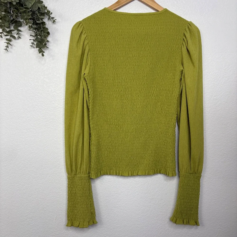 Anthropologie Smocked Puff Sleeve Top Lime Green Chartreuse Textured Blouse M
